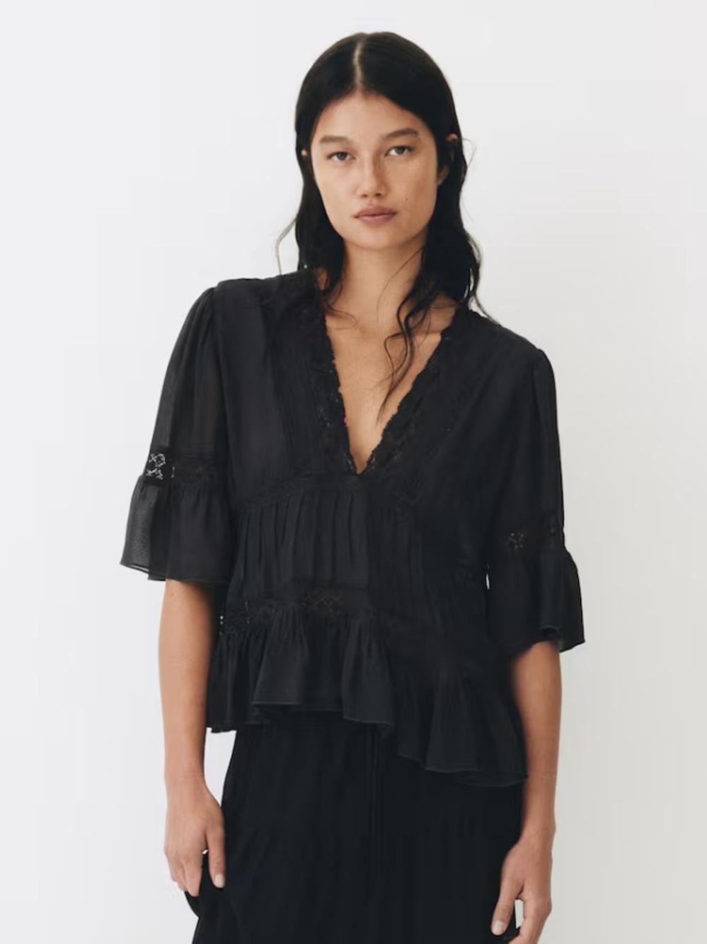 Black Lace-Trim V-Neck Peasant Top - Women LACE-DETAIL VISCOSE BLOUSE